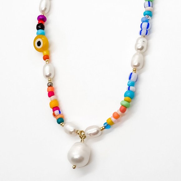 Y2K Necklace with Freshwater Pearl Charm | Beaded Trendy Evil Eye Choker - Picture 1 of 10